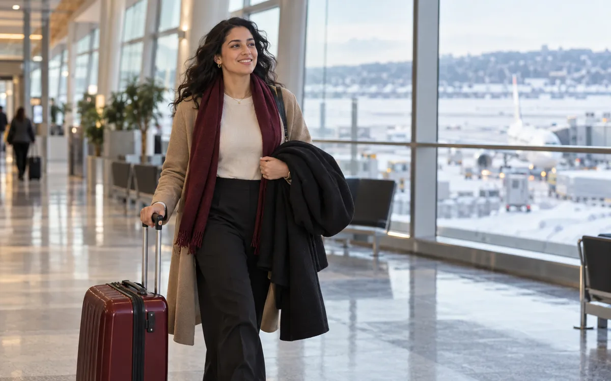 Candidate marocaine arrivant dans un aéroport canadien avec sa valise