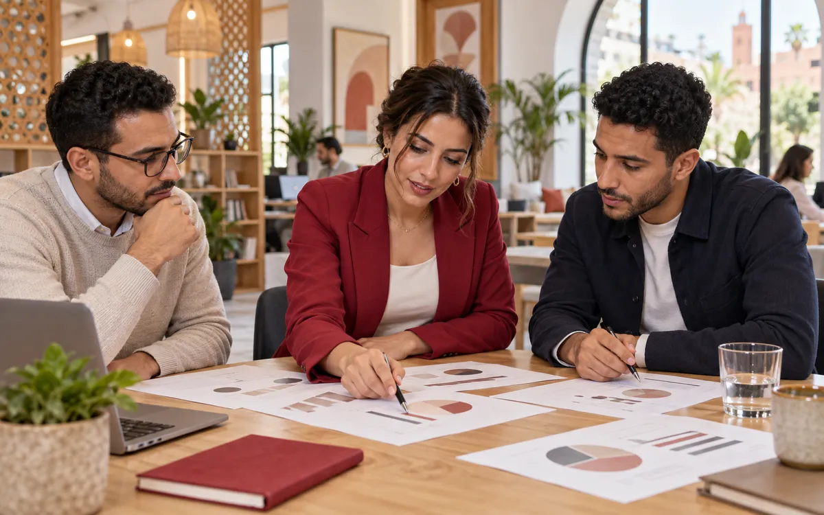 Entrepreneure marocaine révisant un plan d'affaires avec son équipe