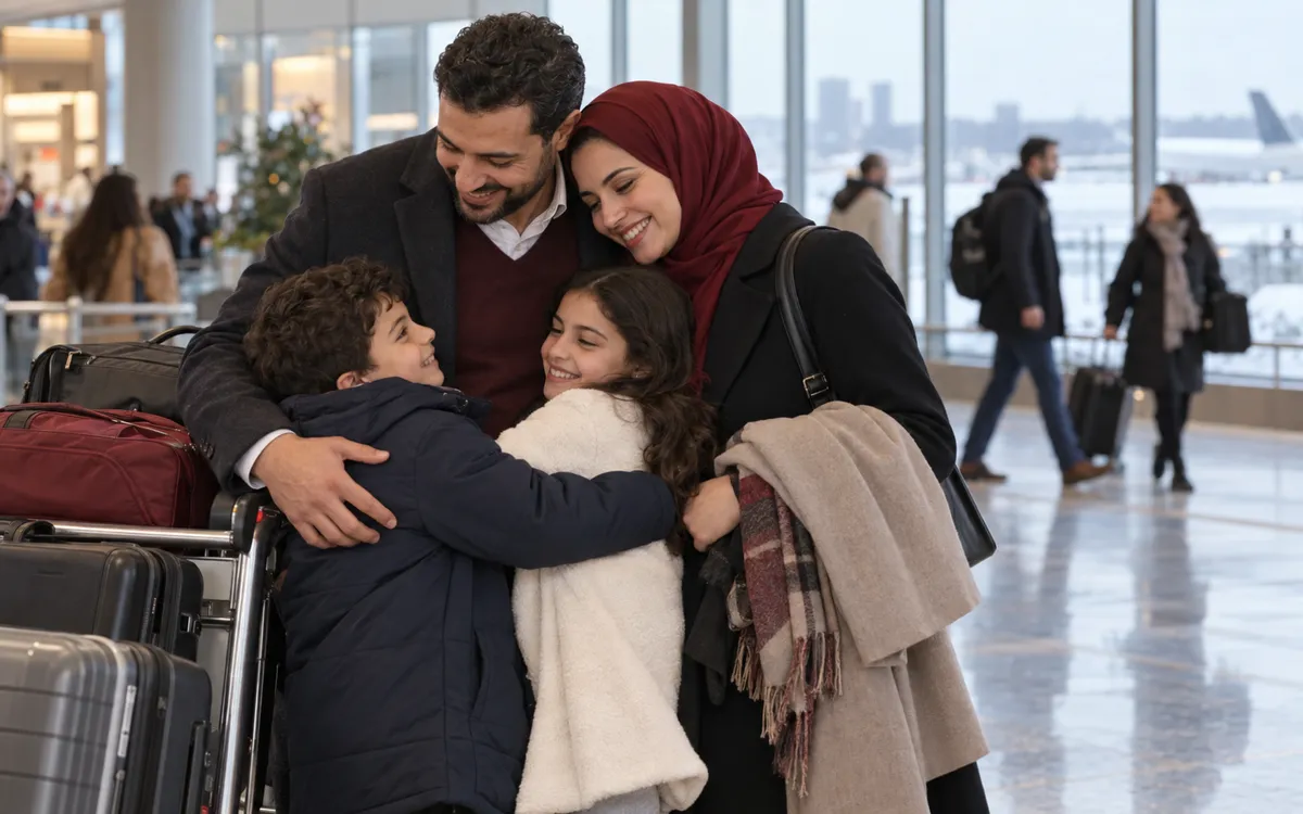 Une famille marocaine — un couple et deux enfants — se retrouve dans le hall d'arrivée d'un aéroport canadien en hiver.