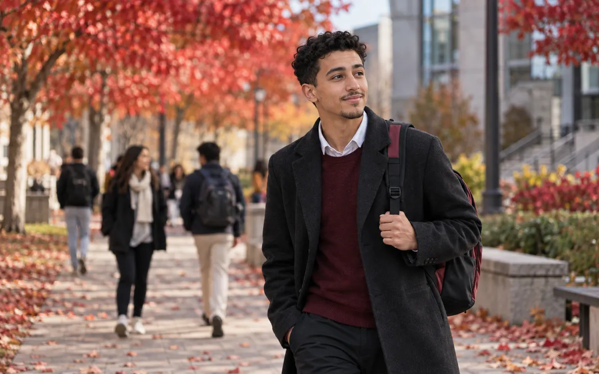 Étudiant marocain sur un campus canadien en automne