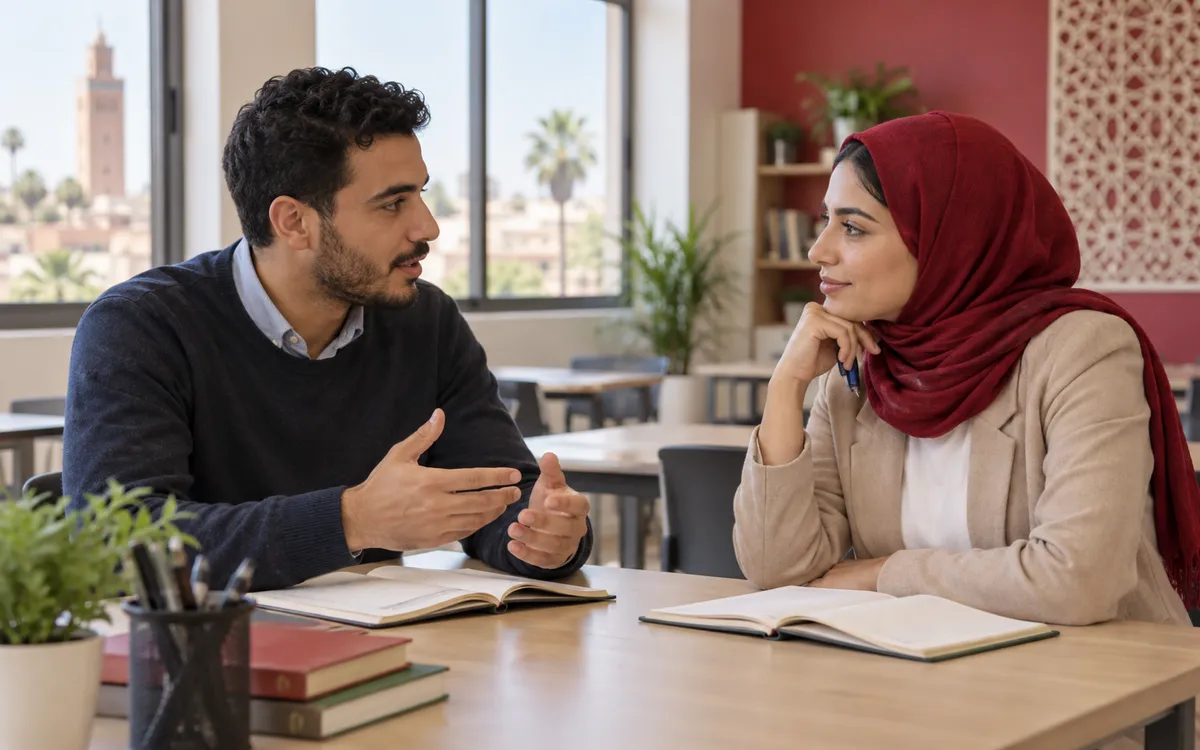 Deux candidats marocains s'entraînent à converser en français en classe