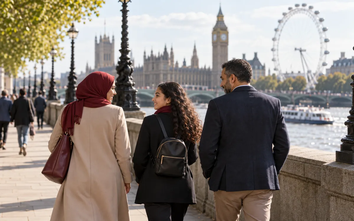 Famille marocaine en visite à Londres, au bord de la Tamise