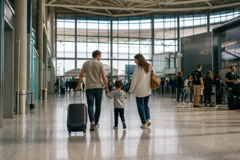 Une famille réunie à l'arrivée à l'aéroport au Canada