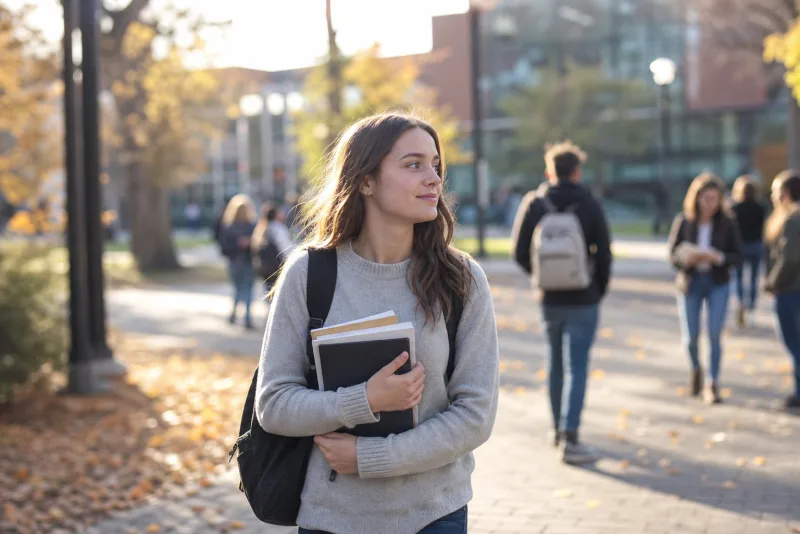 Une étudiante traverse un campus universitaire canadien