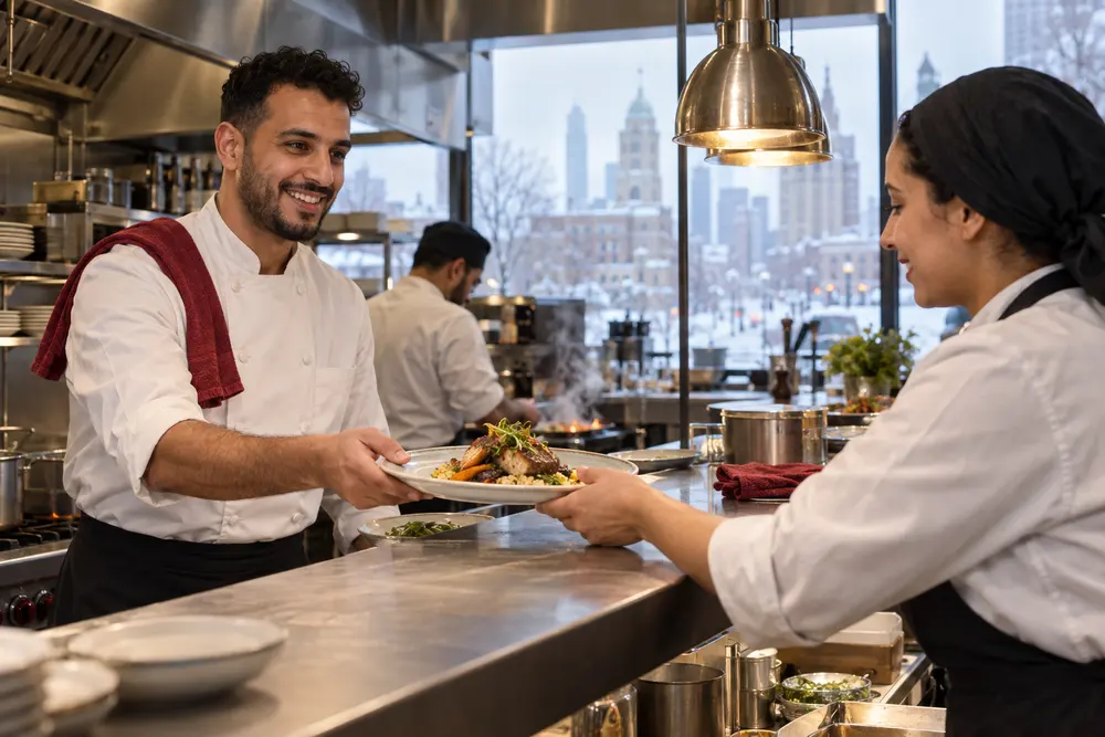 Un cuisinier marocain en veste blanche dépose une assiette dressée au passe d’une cuisine de restaurant au Canada, en hiver.