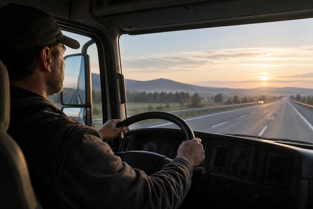 Un chauffeur est au volant de son camion, les mains sur le volant, la route devant lui.