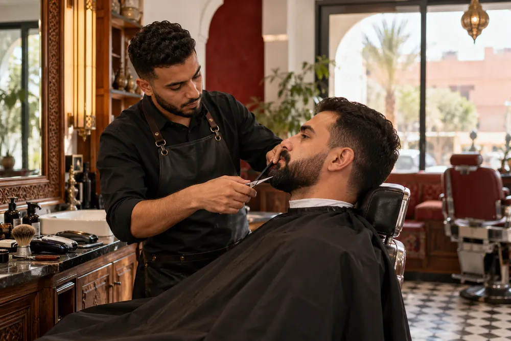 Un barbier taille la barbe d’un client aux ciseaux et au peigne, dans un barbershop.