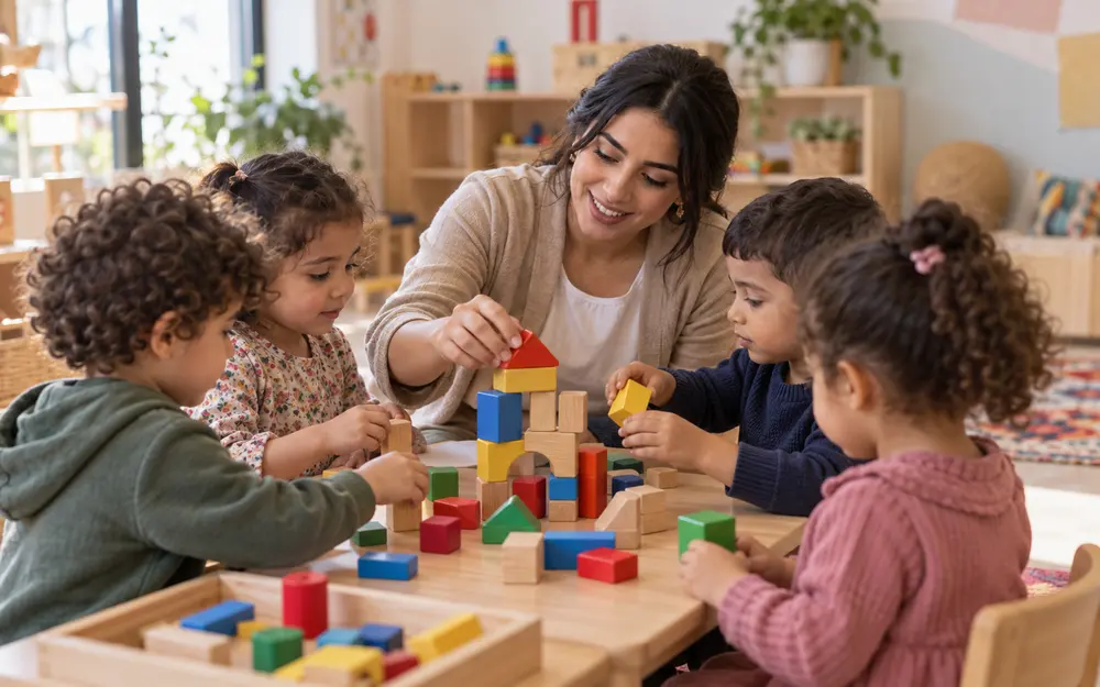 Une éducatrice anime une activité avec de jeunes enfants autour d’une table, dans une garderie lumineuse.