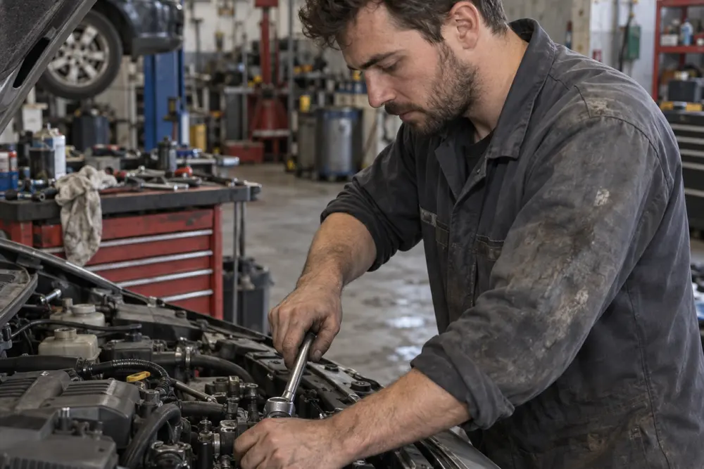 Un mécanicien travaille dans le compartiment moteur d’une voiture, dans un garage équipé.