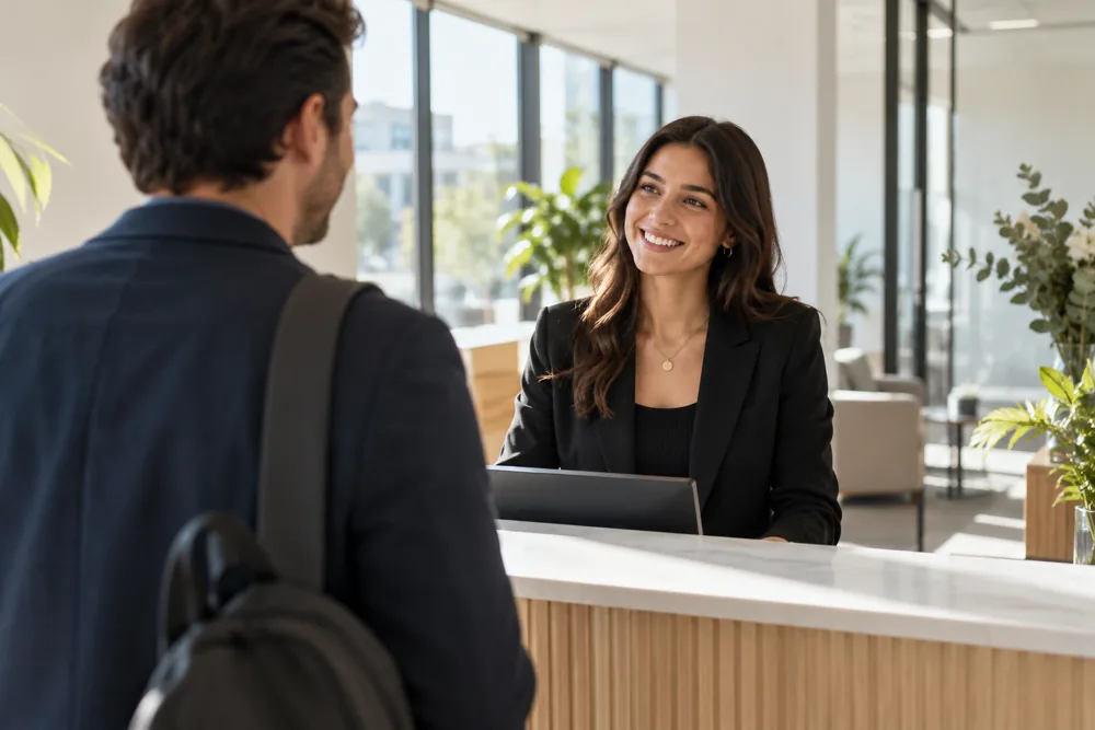 Une réceptionniste accueille une cliente derrière le comptoir d’un bureau lumineux, un téléphone et un écran devant elle.