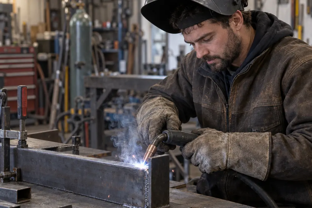 Un soudeur casqué travaille une pièce en acier dans un atelier, l’arc de soudure allumé.