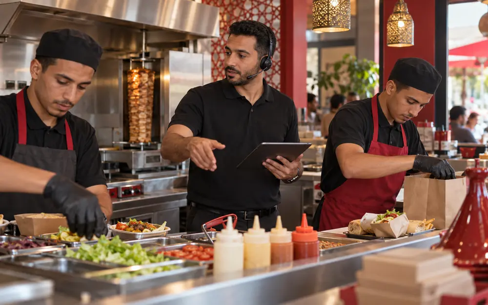 Un superviseur organise son équipe derrière le comptoir d’un restaurant rapide, à l’heure du déjeuner.