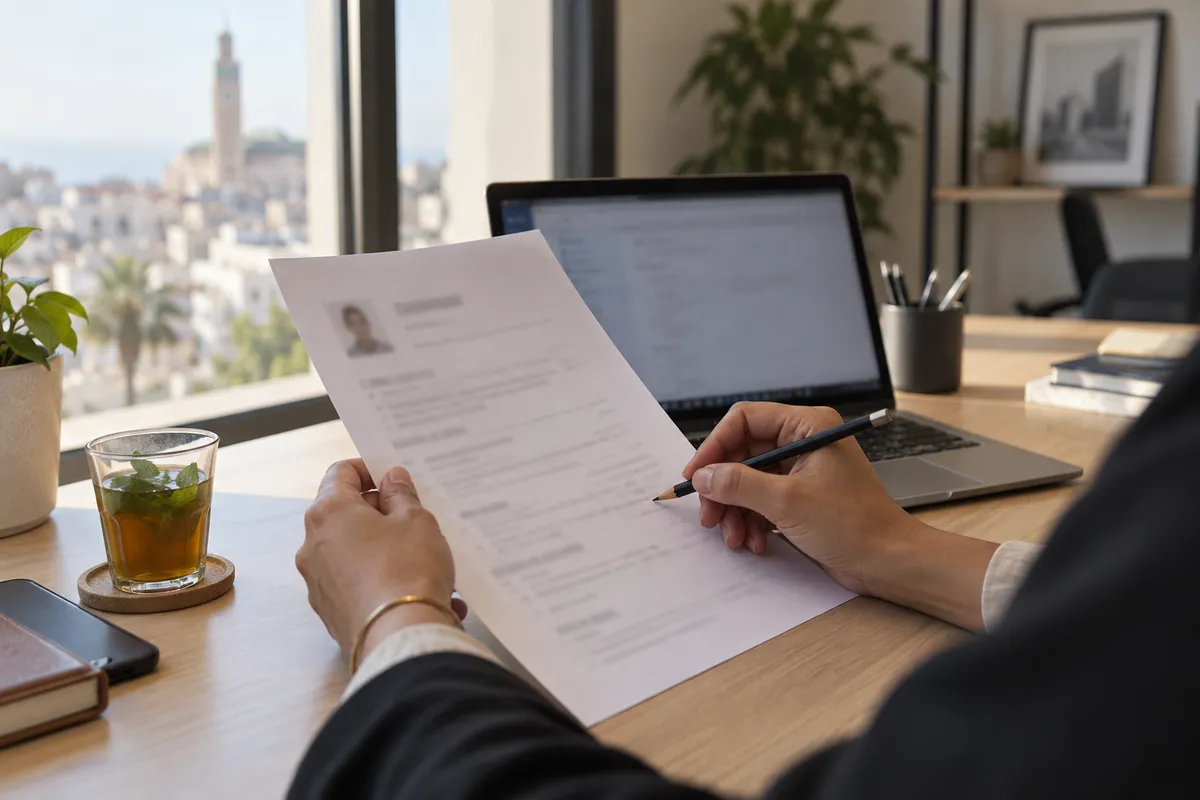 Les mains d'une conseillère annotent un CV imprimé posé à côté d'un ordinateur portable