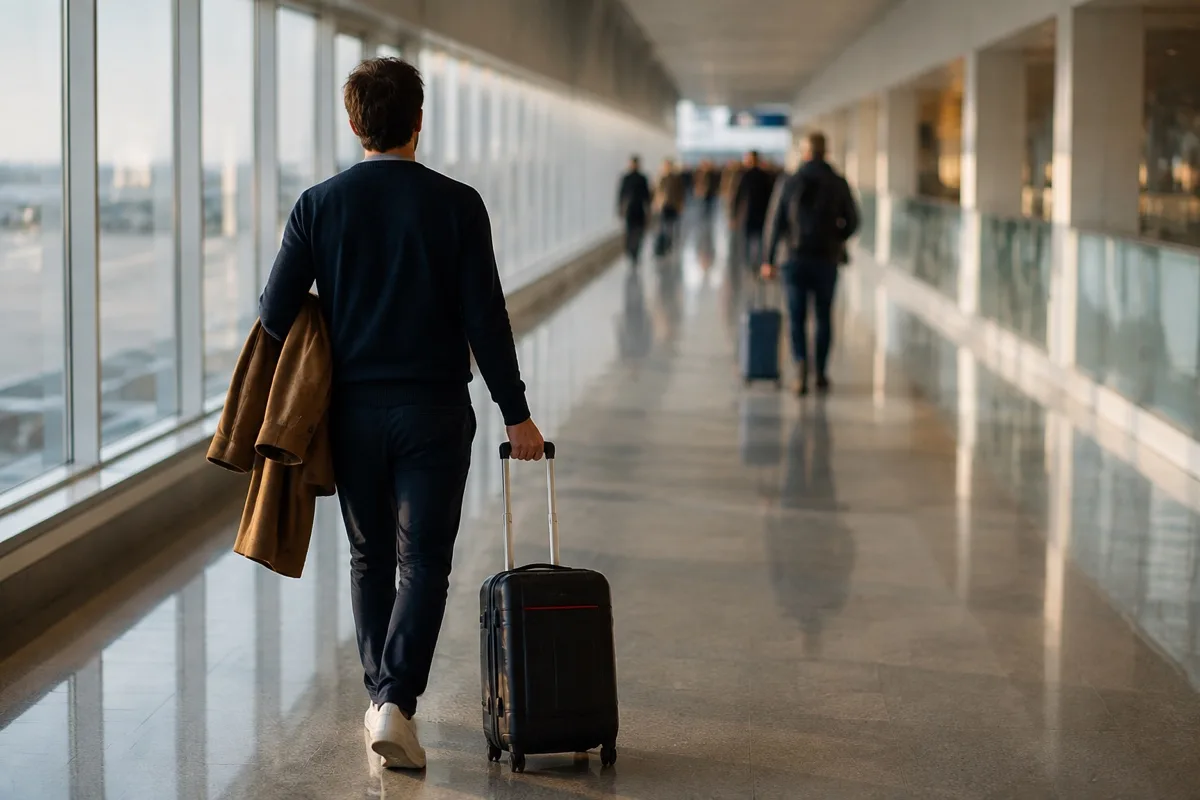 Un voyageur avec sa valise dans un couloir d'arrivée