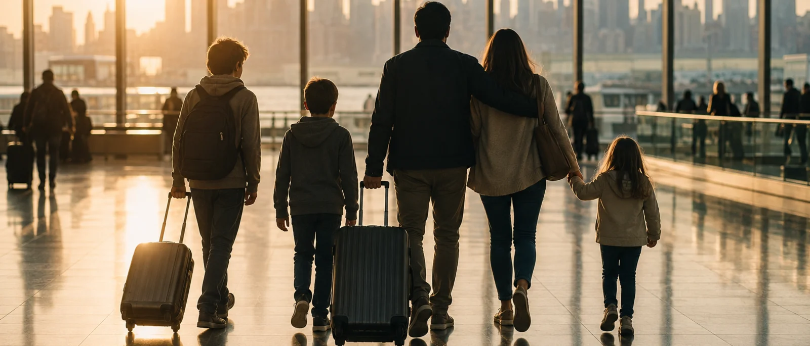 Un couple et leurs trois enfants, vus de dos, traversent un terminal new-yorkais au coucher du soleil, valises à la main